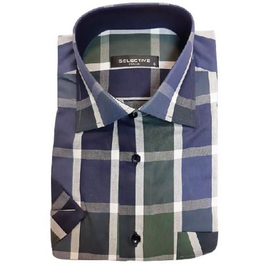 پیراهن ترک چهار خانه درشت سبز آبی مدل اسلیم فیت